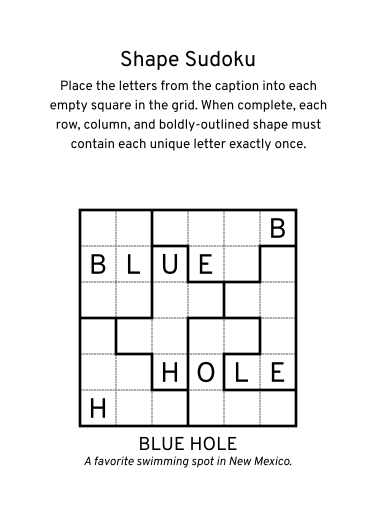 A 6 by 6 square shape sudoku. It uses letters from the name &ldquo;BLUE HOLE&rdquo; in place of numbers.