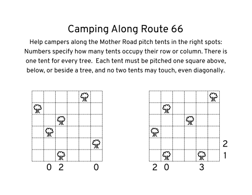 Two camping-themed logic puzzles involving placing tents adjacent to trees.