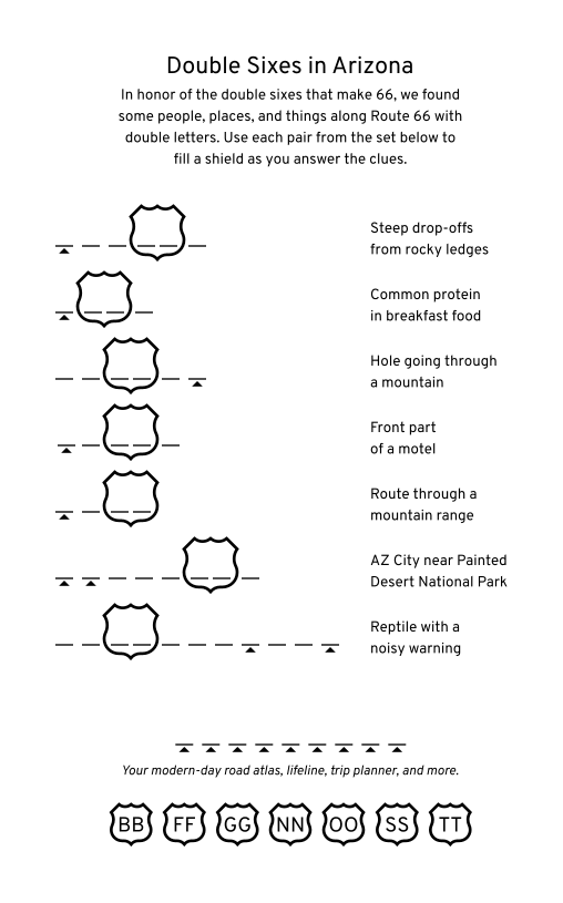 A word puzzle called &ldquo;Double Sixes in Arizona&rdquo; featuring clues that clue answers with double letters.